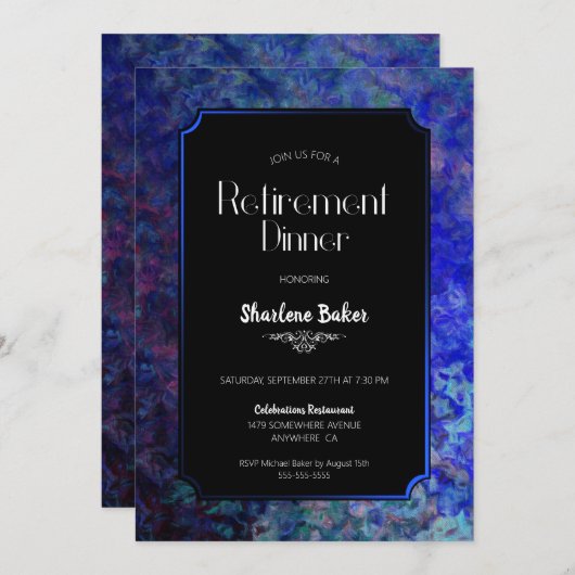 リタイアディナーパーティーブラック(青縁ど付) 招待状 (正面/裏面)