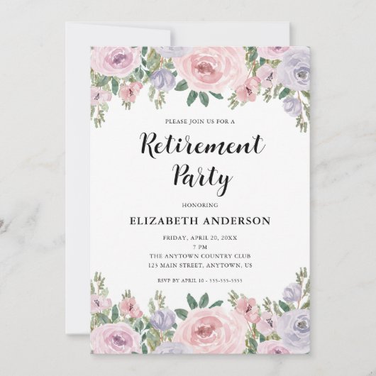 リタイアパーティーエレガントパステルバラ&グリーンリー 招待状 (正面)