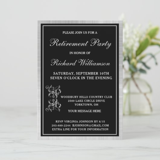 リタイアパーティーエレガントブラックシルバー招待状 招待状 (スタンド正面)