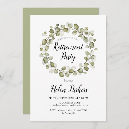 リタイアパーティー植物葉リース 招待状 (正面/裏面)