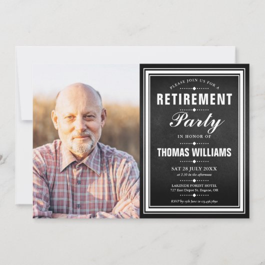 リタイアパーティー白黒の黒板の写真 招待状 (正面)