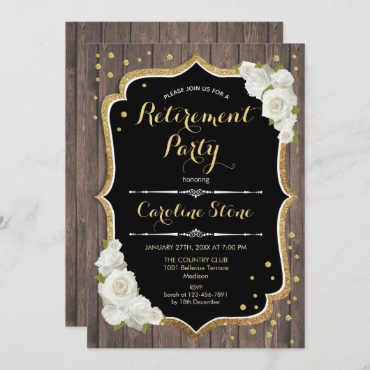 リタイアパーティー素朴 – ウッドホワイトローズ 招待状 (正面/裏面)