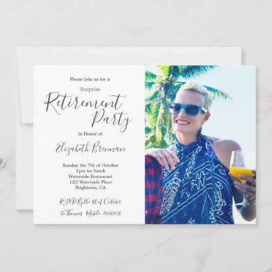 リタイアフォトビーチブルーモダンタイポグラフィ 招待状 (正面)