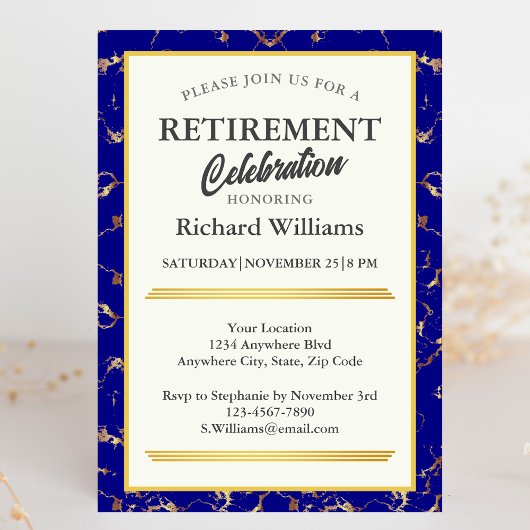 リタイアフォーマルルブルー金ゴールド大理石お祝い 招待状