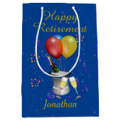 リタイアブルーお祝いきらめくワイン ミディアムペーパーバッグ (正面)