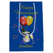 リタイアブルーお祝いきらめくワイン ミディアムペーパーバッグ (裏面)