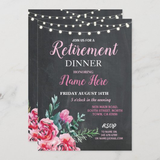 リタイアメントディナーパーティーウィメンズフラワーピンク招待状 招待状 (正面/裏面)