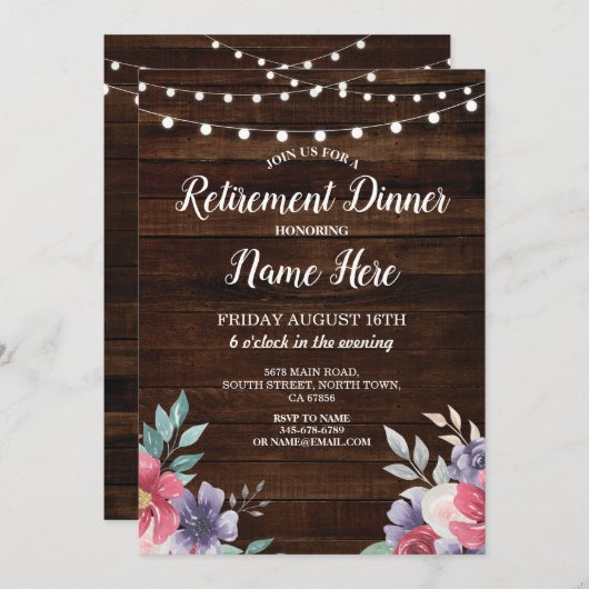 リタイアメントパーティーウッ退職したドピンクフラワーズ招待状 招待状 (正面/裏面)