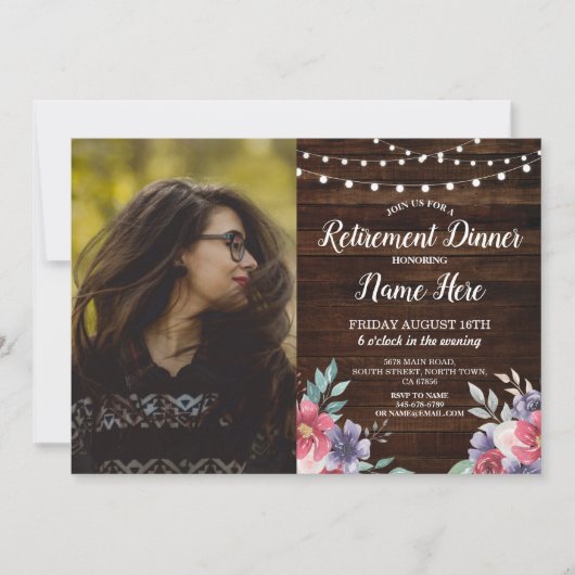 リタイアメントパーティーウッ退職したドピンクフラワー写真 招待状 (正面)