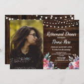 リタイアメントパーティーウッ退職したドピンクフラワー写真 招待状 (正面/裏面)