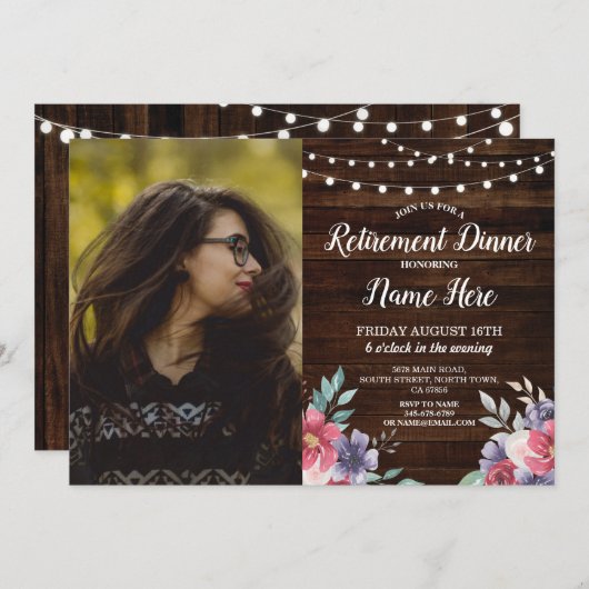 リタイアメントパーティーウッ退職したドピンクフラワー写真 招待状 (正面/裏面)