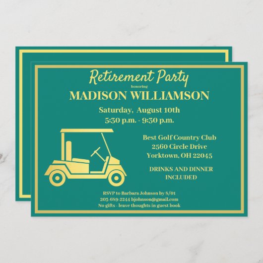 リタイアメントパーティーゴルフグリーン&金ゴールド     招待状 (正面/裏面)