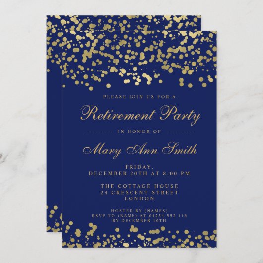 リタイアメントパーティーゴールドフォイル紙吹雪ネービーブルー 招待状 (正面/裏面)