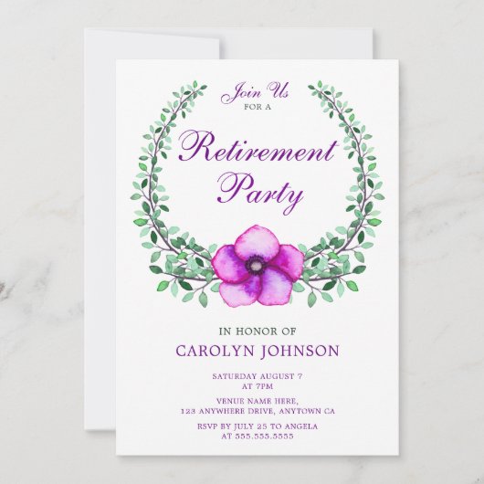 リタイアメントパーティーパープル水彩フローラリース 招待状 (正面)