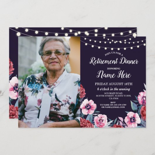 リタイアメントパーティーフラワーズネービーピンクフローラ写真 招待状 (正面/裏面)