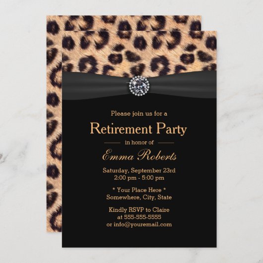 リタイアメントパーティーラグジュアリーダイヤモンド&レオパードプリント 招待状 (正面/裏面)