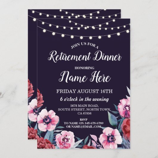 リタイアメントパーティーリタイアフラワーズ招待状ネービーピンク 招待状 (正面/裏面)