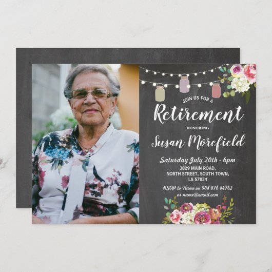 リタイアメントパーティー素朴Jarsチョークフローラ写真 招待状 (正面/裏面)
