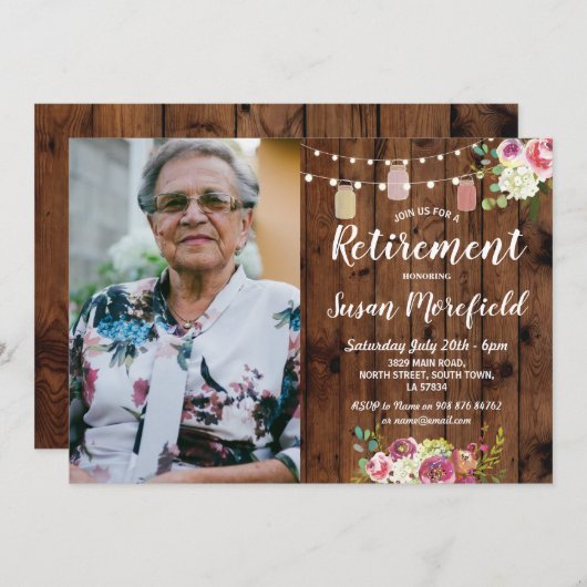 リタイアメントパーティー素朴Jars Woodフローラ写真 招待状 (正面/裏面)