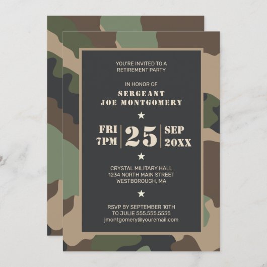 リタイアメントパーティー軍隊ウッドランドカモフラージュ 招待状 (正面/裏面)