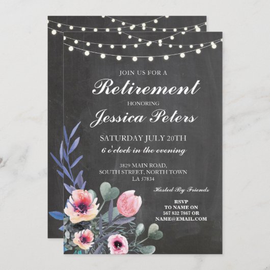 リタイアメント誕生日ピンクフラワーズチョーク招待状 招待状 (正面/裏面)