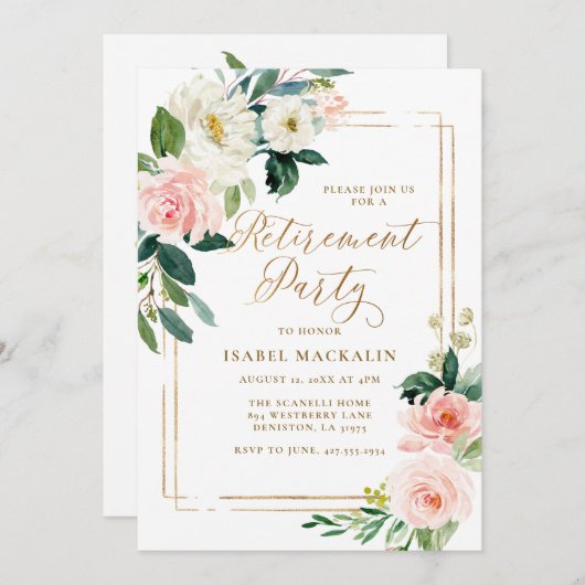 リタイアメント·パーティー·エレガント水色フローラ·デコーダ 招待状 (正面/裏面)