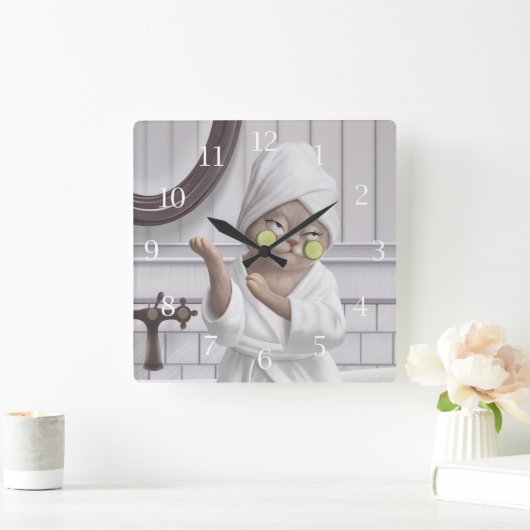 リチャージモー恋しく思ド – バスローブでニャー スクエア壁時計 (ホーム)