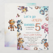 リッエレガントトルロボット水彩ベビー誕生日パー 招待状 (正面/裏面)