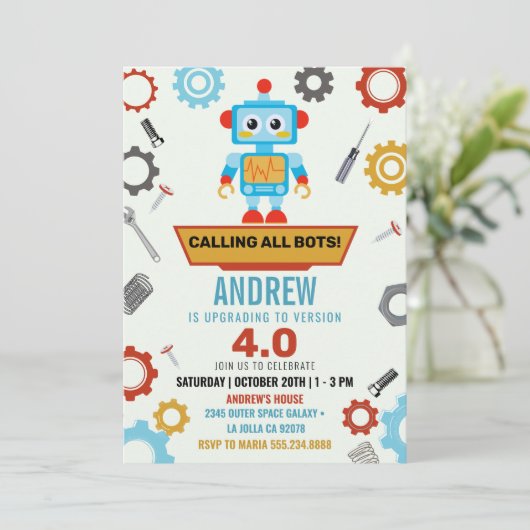 リッカラフルトルロボットパーティーテーマ誕生日 招待状 (スタンド正面)