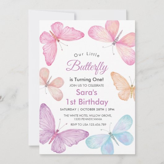 リッカラフルルバタフライガールの第1誕生日 招待状 (正面)