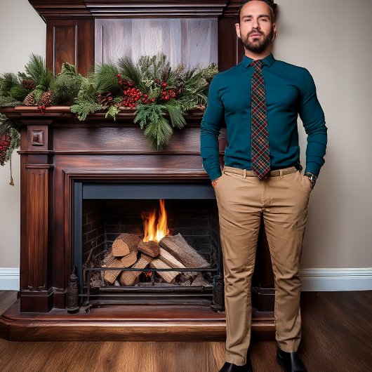 リッチエレガントDKプレイドクランベリーブルーティール(緑がかった色)ホリデー ネクタイ