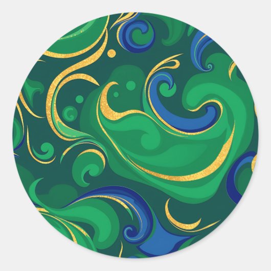 リッチグリーンと金ゴールドの渦巻き抽象芸術パターン ラウンドシール (正面)