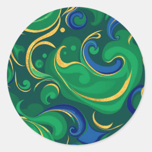 リッチグリーンと金ゴールドの渦巻き抽象芸術パターン ラウンドシール