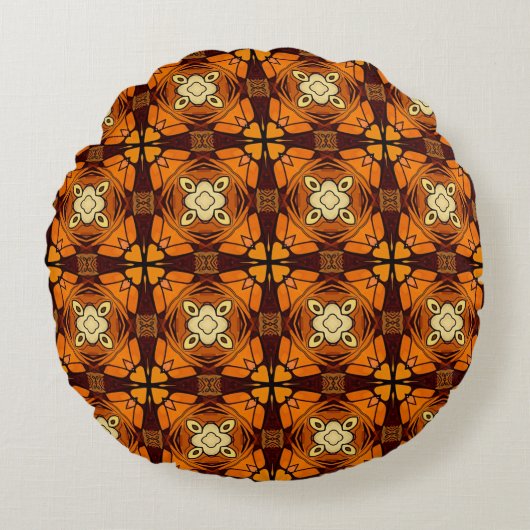 リッチテラコッタ焼きオレンジ色の茶色のパターン ラウンドクッション (正面)