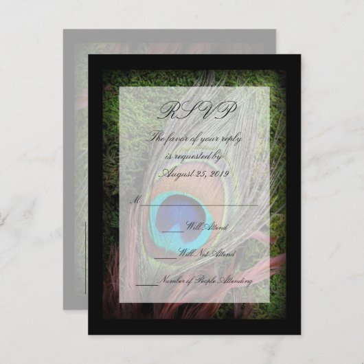 リッチピーコックフェザーとグリーンモスRSVP返信 インビテーションポストカード (正面/裏面)