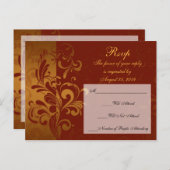 リッチブリックレッド/金ゴールド逆旋回RSVP応答 インビテーションポストカード (正面/裏面)