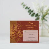 リッチブリックレッド/金ゴールド逆旋回RSVP応答 インビテーションポストカード (スタンド正面)