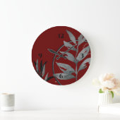 リッチブルゴンディ&グレー芸術的ウォーターカラー植物学 ラージ壁時計 (ホーム)