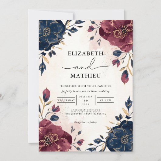 リッチブルゴーニュ海軍植物学縁ど結婚フローラ 招待状 (正面)