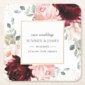 リッチブルゴーニュ赤面ピンクフローラ結婚式の引き出物 スクエアペーパーコースター (正面)