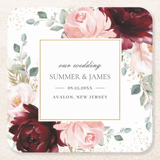 リッチブルゴーニュ赤面ピンクフローラ結婚式の引き出物 スクエアペーパーコースター (正面)