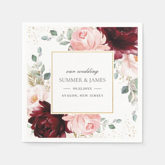 リッチブルゴーニュ赤面ピンク結婚フローラズスクエア スタンダードカクテルナプキン (正面)