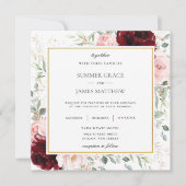 リッチブルゴーニュ赤面ピンク結婚フローラズスクエア 招待状 (正面)