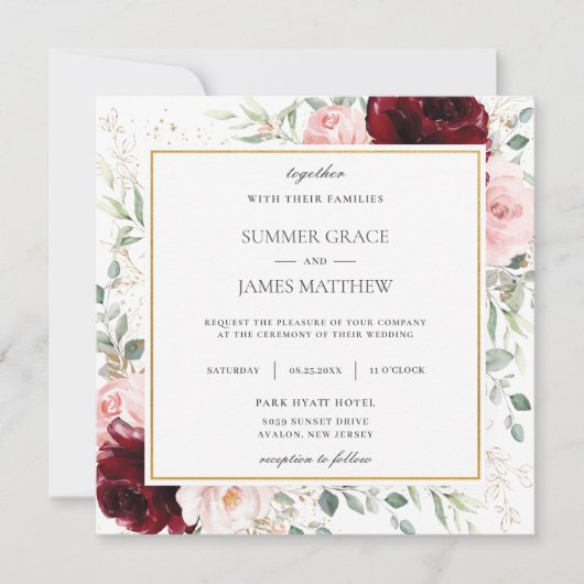 リッチブルゴーニュ赤面ピンク結婚フローラズスクエア 招待状 (正面)