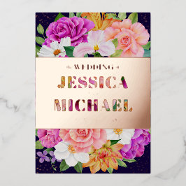 リッチブーケッツパープルブルーピンクローズ結婚金ゴールド 箔招待状