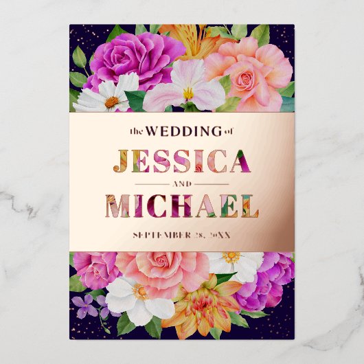 リッチブーケッツパープルブルーピンクローズ結婚金ゴールド 箔招待状 (正面)