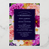 リッチブーケッツパープルブルーピンクローズ結婚金ゴールド 箔招待状 (裏面)