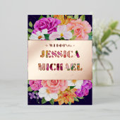 リッチブーケッツパープルブルーピンクローズ結婚金ゴールド 箔招待状 (立ち正面)
