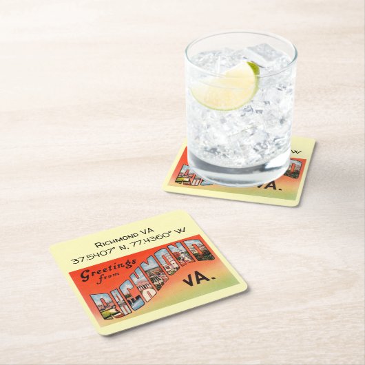 リッチモンドVA、マップ座標、ヴィンテージスタイル スクエアペーパーコースター (インサイチュ)