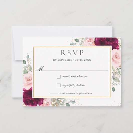 リッチラズベリー赤面ピンクローズフローラ 出欠カード (正面)